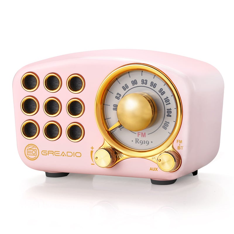 Greadio Retro Bluetooth Speaker, Vintage Radio-Greadio FM Radio with Old Fashioned Classic Style, Strong Bass Enhancement, Loud Volume, Bluetooth 5.0 Wireless Connection, TF Card and MP3 Player (Pink) - Image 1